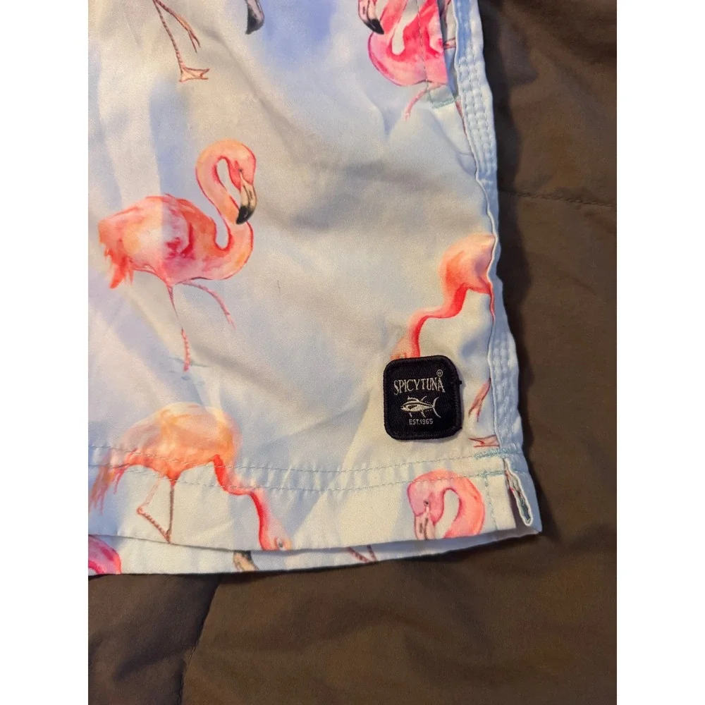 Spicy Tuna Boys Pink Flamingo Swim Trunks Blue Tropical Board Shorts Size 14